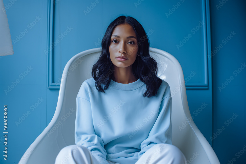 Wall mural Young woman in blue outfit in a fashion portrait