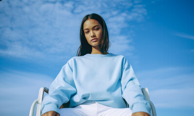 Young woman in blue outfit in a fashion portrait
