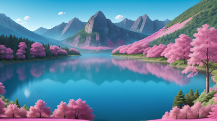 Lakes in the mountains with rose trees. Fantasy. AI