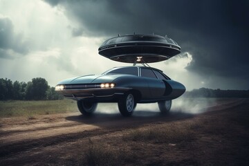 UFO lifting car; alien abduction concept. Generative AI - obrazy, fototapety, plakaty