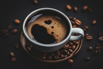 Hot Cup of Coffee Set on a Dark Background, Viewed from the Top, Surrounded by a Symphony of Coffee Beans