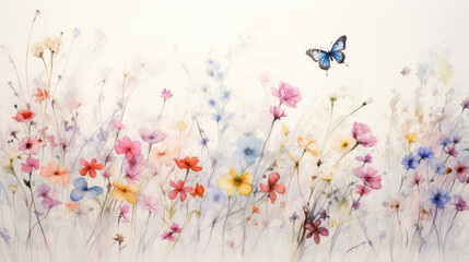 Obraz na płótnie Canvas A pastel watercolor drawing of small colorful flowers and butterflies