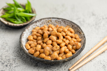 Natto, Japanese fermented soybeans, selective focus