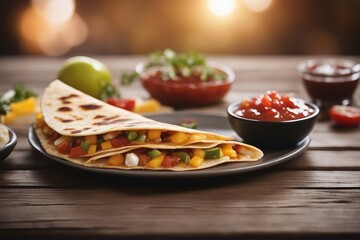 A Quesadilla and Salsa Tortilla on a Wooden Table. Mexican Food Concept