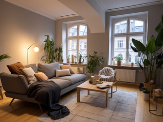 A living luxurary room of a beautiful bright modern Scandinavian style house, generative AI	
