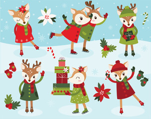 Christmas reindeer, ice skates, ice skating