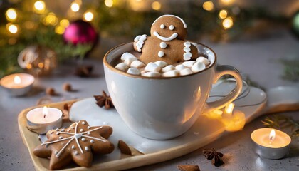 Obraz na płótnie Canvas Gingerbread man floating in cocoa Christmas theme