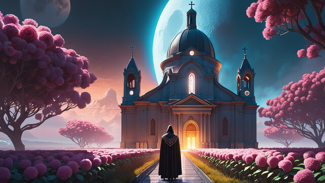 A painting with fantastic landscapes, a church and a skull. Background of an unusual Halloween. AI