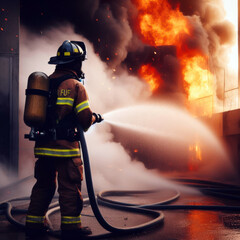 Naklejka premium emergency firefighters extinguisher put out fire on a burning building