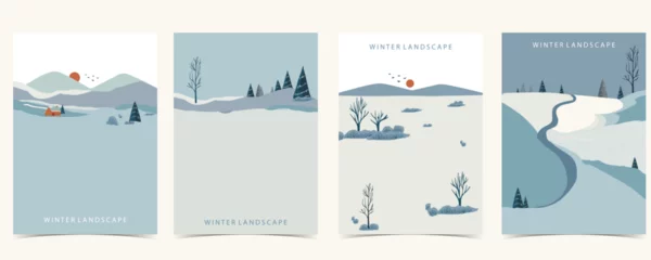 Papier Peint photo Blanche winter landscape background with mountain,tree.Editable vector illustration for postcard,a4 vertical size