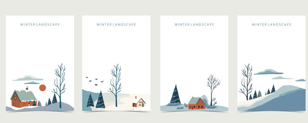 winter landscape background with mountain,tree.Editable vector illustration for postcard,a4 vertical size