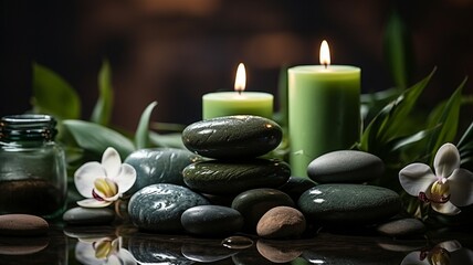 Obraz na płótnie Canvas Hot stones, a green leaf, and a white candle make up this spa arrangement..
