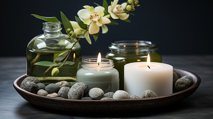 Fototapeta na wymiar Hot stones, a green leaf, and a white candle make up this spa arrangement..