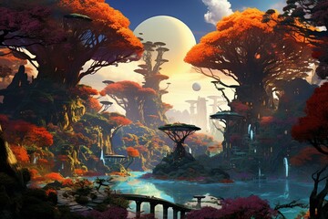 A vibrant, futuristic scenery inspired by Asian style, featuring colorful trees. Generative AI