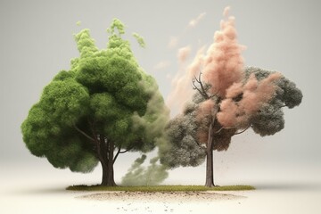 A concept showing the impact of climate change on a tree, with one part representing healthy nature and green energy, and the other showing industrial pollution and conventional. Generative AI - obrazy, fototapety, plakaty