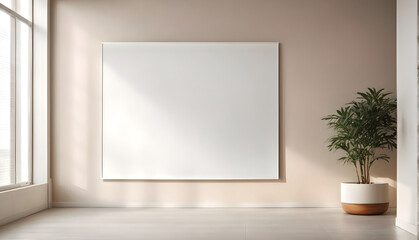 blank white poster on light wall in a modern office corridor interior