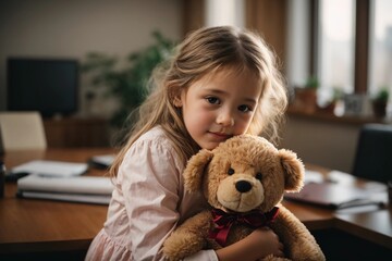 A Little girl is holding her teddy bear in the office of a family lawyer. They are here to talk about becoming her guardian.