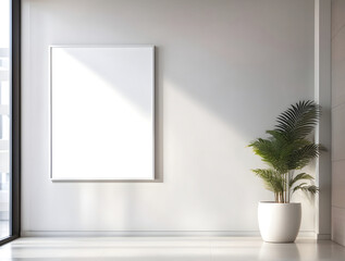 blank white poster on light wall in a modern office corridor interior