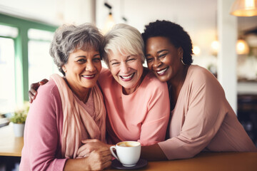 Happy smiling middle aged female friends sitting in a café laughing and giving support each other. They are celebrate a long friendship