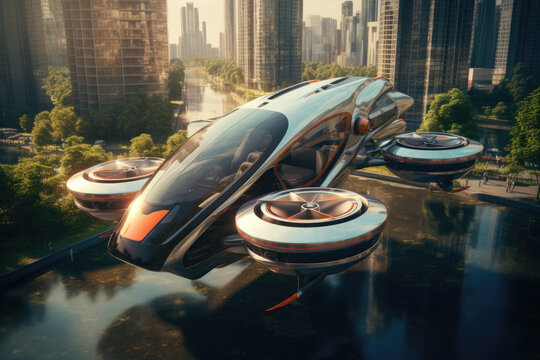 future flying car in the city