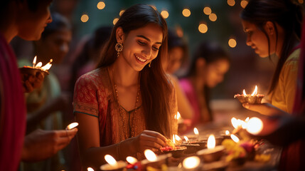 Indian Woman celebrating Festival of Lights with Diyas and candles at home with friends and family members