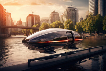 future flying car in the city - obrazy, fototapety, plakaty