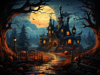 Halloween illustration, bats and huge yellow pumpkins with sinister eyes.