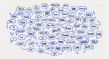 Set of hand drawn speech and thought bubbles. Doodle design with short messages. - 666111897