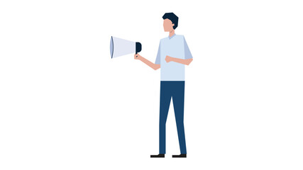 Male promoter in business clothes standing with megaphone. Shouting through the loudspeaker. Isolated vector illustration in cartoon style
