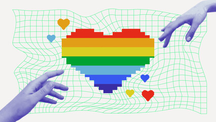 Pride gradient banner with 2024 LGBTQ Pride flag colours. Vector banner logo lgbtq with rainbow heart and hands. Symbol of pride month support. - 666112478