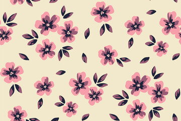 Seamless floral pattern, liberty ditsy print with simple small flowers in vintage style. Cute botanical design: tiny hand drawn plants, purple flowers, leaves on a light field. Vector illustration. - obrazy, fototapety, plakaty