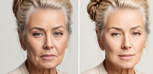 Woman face wrinkles before and after treatment - obrazy, fototapety, plakaty