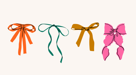 Set of various Bow knots, tie ups, gift bows. Hand drawn Vector illustration. Isolated colorful design elements. Wedding celebration, holiday, party decoration, gift, present concept - 666113617