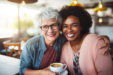  Happy smiling middle aged female friends sitting in a café laughing and giving support each other. They are celebrate a long friendship - obrazy, fototapety, plakaty