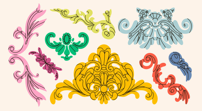 Set of various fancy Ornaments. Vintage, retro style. Colorful decorative frame parts. Hand drawn modern Vector illustration. Isolated design elements for invitations, frames, menu, monogram