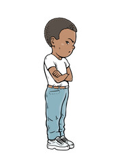 Offended little boy. Stubborn pose. Negative emotion. Dissatisfied child. Cartoon vector illustration isolated on white background. Hand drawn line