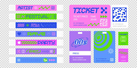 Event ticket for party. Bracelet control design for dances, music festivals. Sticky wristbands pass in Y2K style. - 666114019