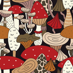 Hand drawn seamless pattern of mushroom and toadstools. Vector illustration for fabric or wrap paper design.