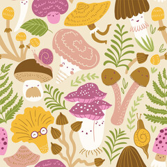 Vector hand-drawn mushroom seamless pattern. Natural forest seamless print design for kids fabric. Cute mushroom seamless texture.