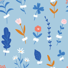 Vector summer floral seamless pattern in hand-drawn style. Cute flower repeat background for fabric design. Collected flowers glued to the wall on scotch. - 666114200
