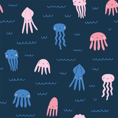 Cute octopus seamless pattern design in hand-drawn style. Baby sea animal fabric design. Underwater vector texture. - 666114201