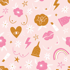 Supporting female seamless pattern. Vector feminist repeat background. Girl power fabric design. - 666114212