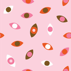 Simple vector eyes seamless pattern. Abstract geometrical repeat background. Fabric design with eyes in pink colors. - 666114217