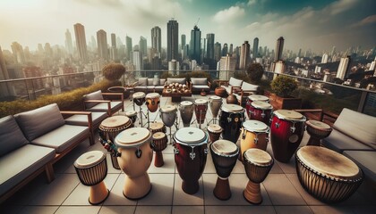 Percussion instruments on a rooftop terrace overlooking the city skyline - obrazy, fototapety, plakaty