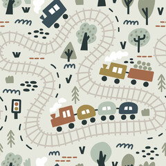 Cartoon cars, train and city road map. Cute childish card. Vector seamless print. Kid backdrop for textile, fabric, paper, games, play mat - 666114275