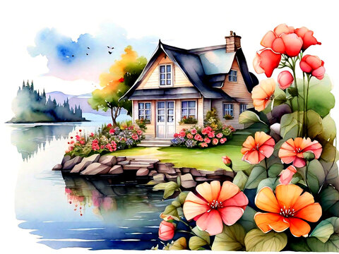 Watercolor  Garden With Houses And Flowers. Generative Ai