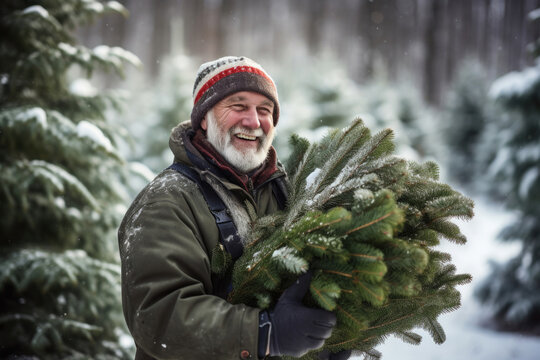 In winter clothes, a mature man grins, clasping pine branches in a snowy forest. Engaged in holiday preparations, embracing Christmas cheer