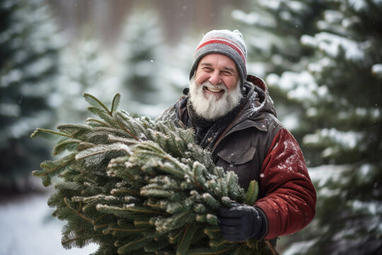 Wrapped in winter attire, an elderly man smiles while holding evergreen branches in a snowy woods. Festive preparations for New Year and Christmas