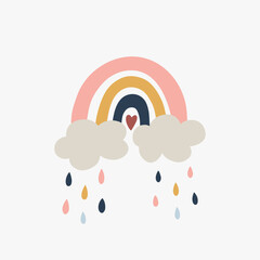 Cute cartoon Bohemian nursery card. Scandinavian print with rainbow for wall decor in children's bedroom. Cute characters and hand drawn lettering quote. 