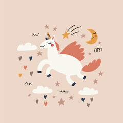 Vector card with cute unicorn. Hand drawn in kid style. The design used for print, wallpaper, fabric, textile Kids vector illustration
